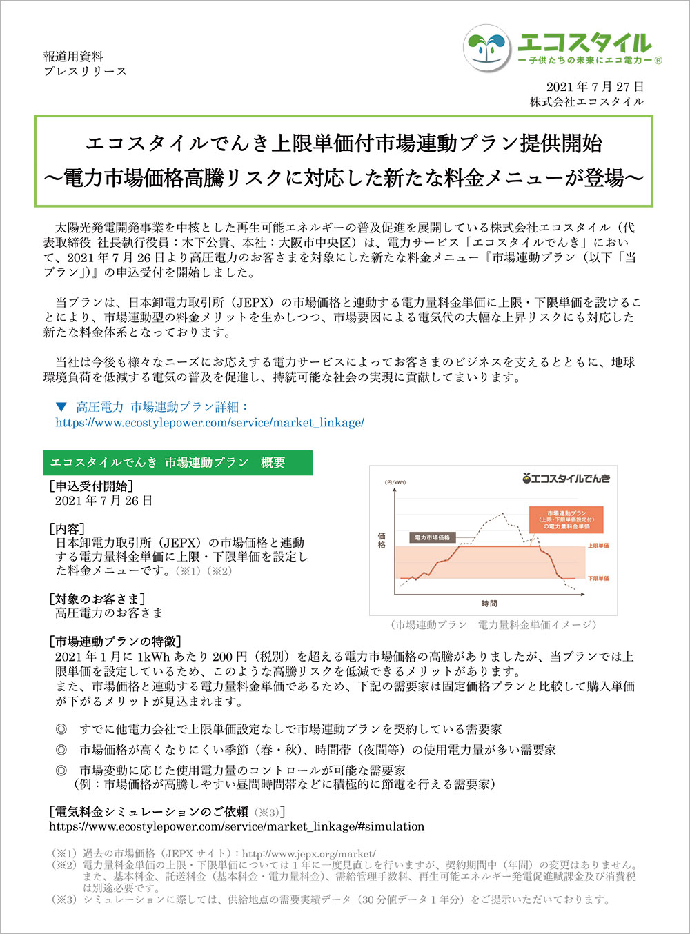 エコスタイルでんき上限単価付市場連動プラン提供開始